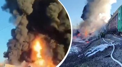 Масштаби пожежі вражають: в Росії з рейок зійшли 18 вагонів із бензином, деталі Масштаби пожежі вражають: в Росії з рейок зійшли 18 вагонів із бензином, деталі
