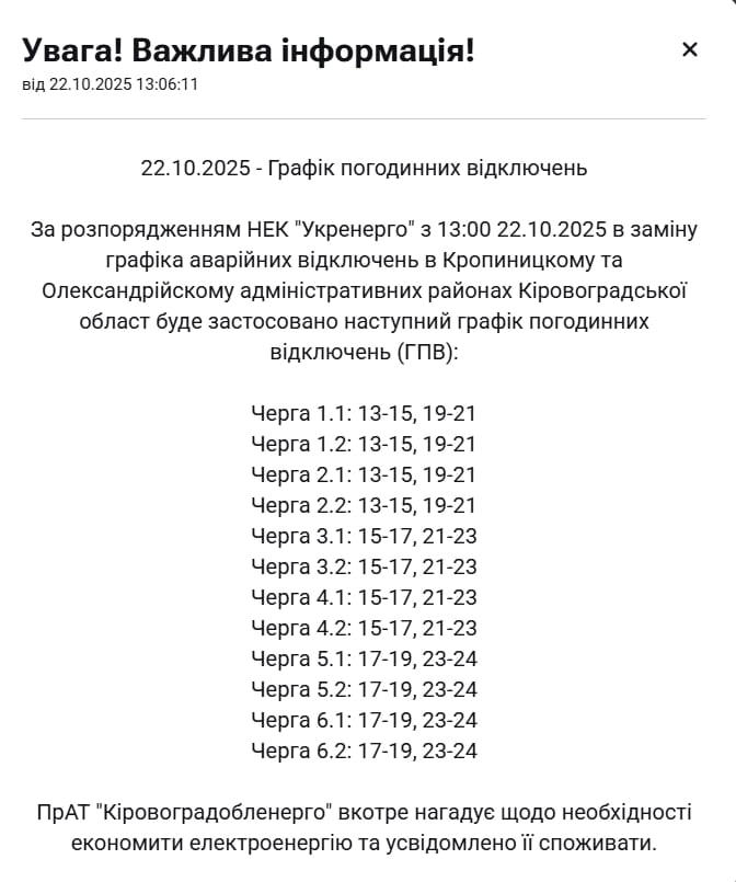 Графіки відключення світла Кропивницький Графіки відключення світла Кропивницький