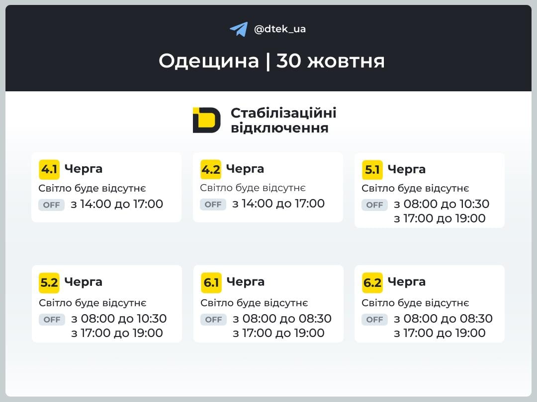 Графіки відключення світла 30 жовтня 