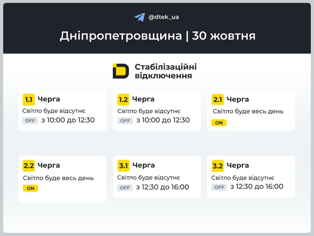 Графіки відключення світла 30 жовтня 