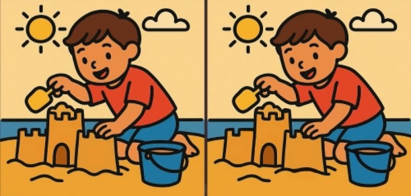 Тест на IQ: найдите 3 отличия на картинке, где мальчик строит песочные замки, за 31 с