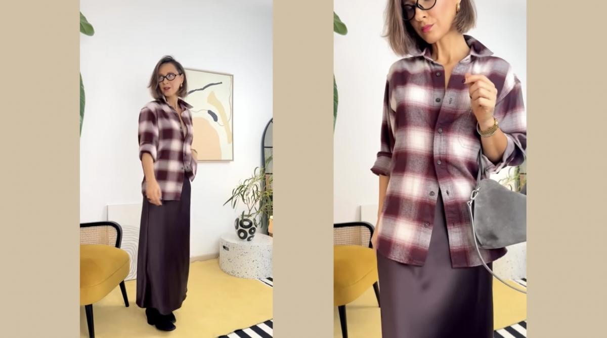 Сатинова спідниця + картата сорочка Сатинова спідниця + картата сорочка