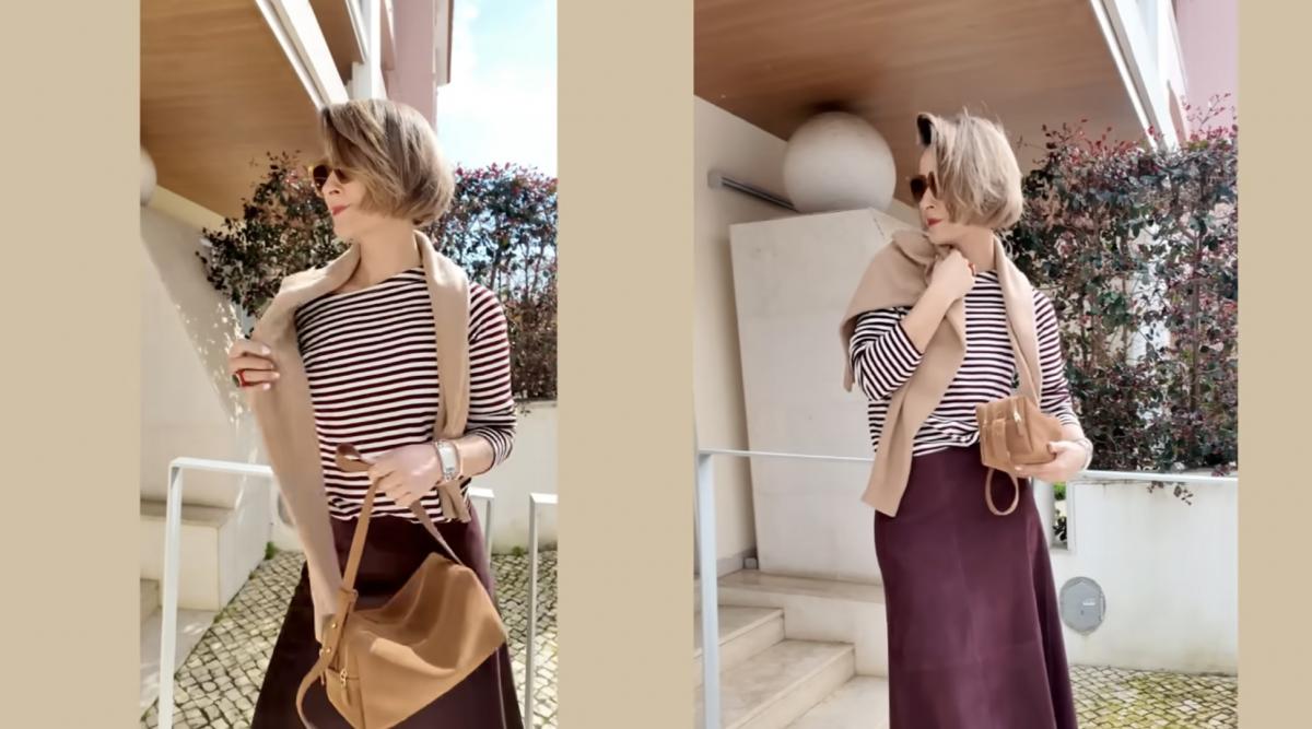 Замшева спідниця + смугастий топ Замшева спідниця + смугастий топ