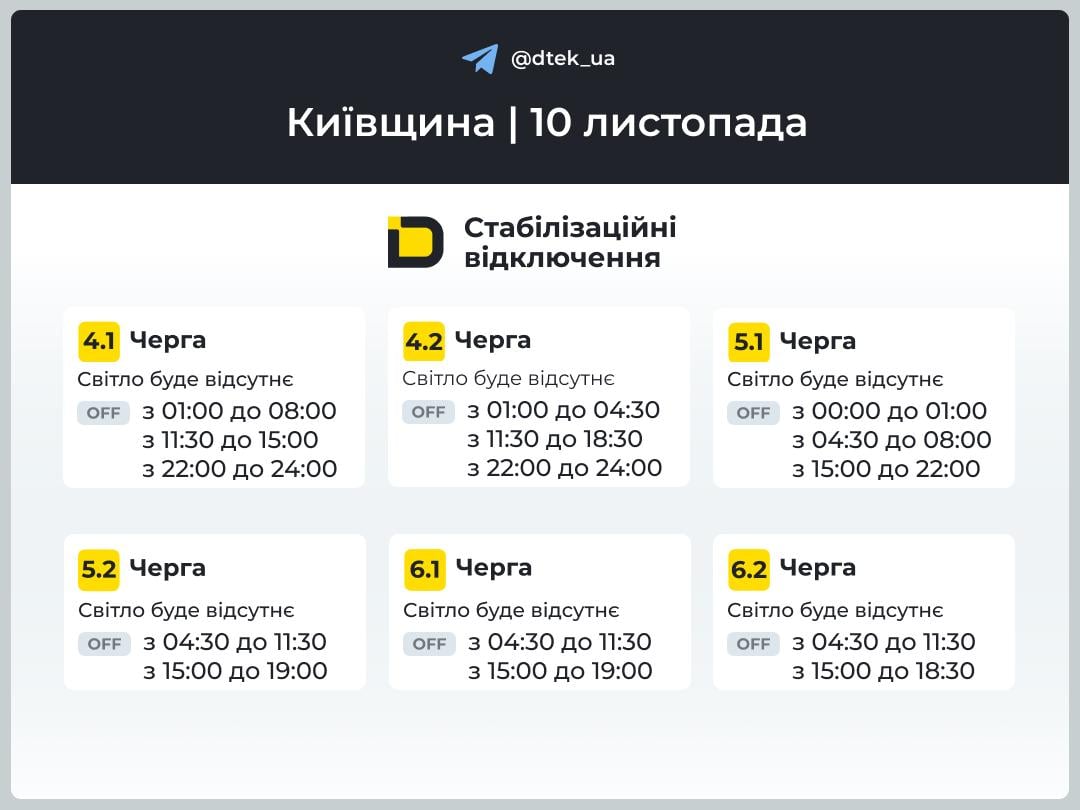 Графік відключень електроенергії 10 листопада - Київ 