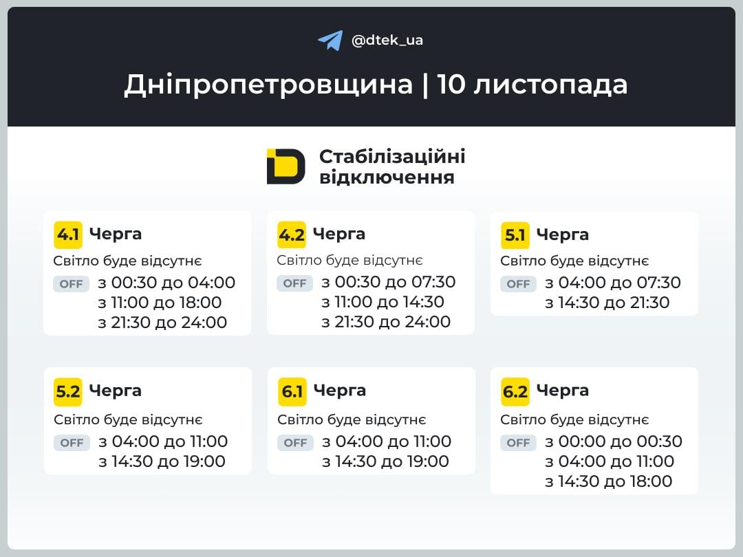 Графік вимкнення світла на 10 листопада - Дніпропетровська область 