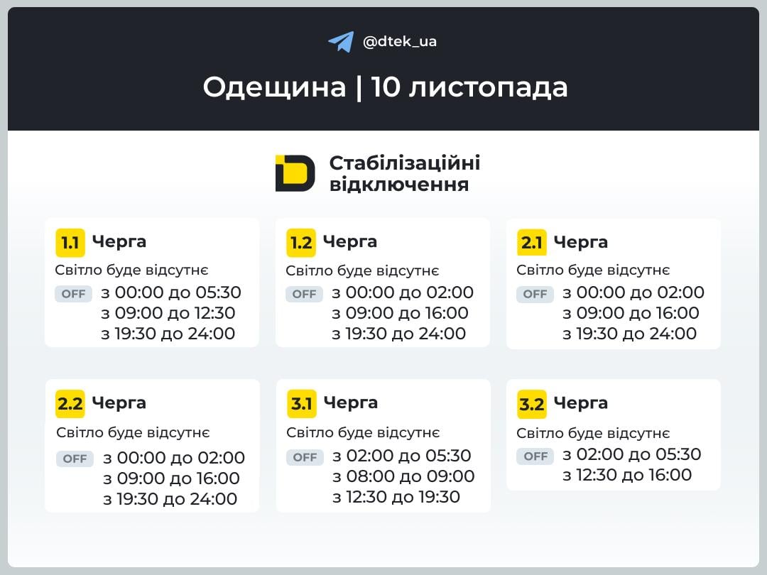 Графік вимкнення світла на 10 листопада - Одеська область 