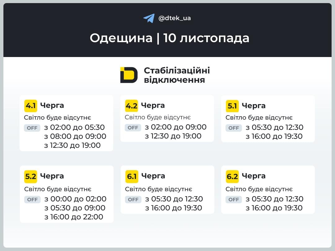 Графік вимкнення світла на 10 листопада - Одеська область 