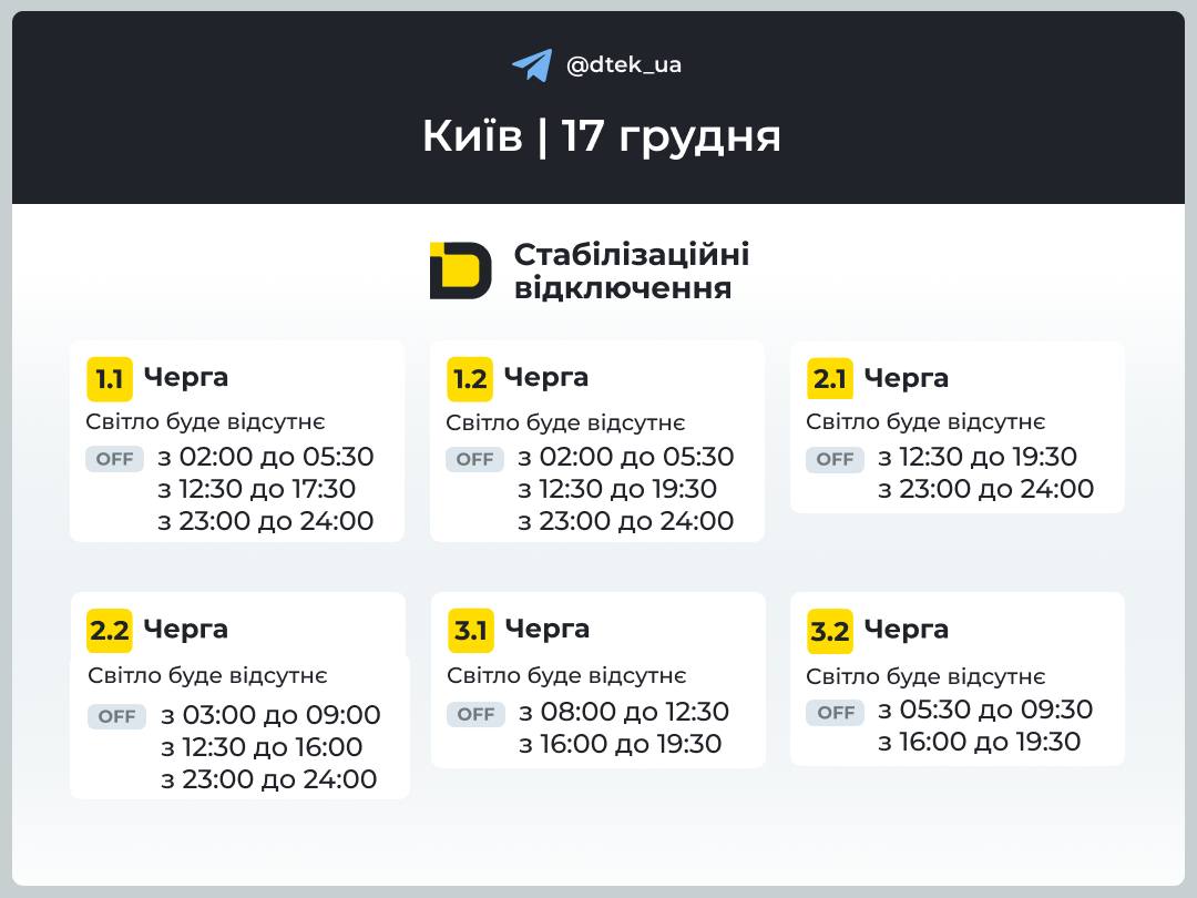 Графіки відключення світла в Києві 17 грудня Графіки відключення світла в Києві 17 грудня