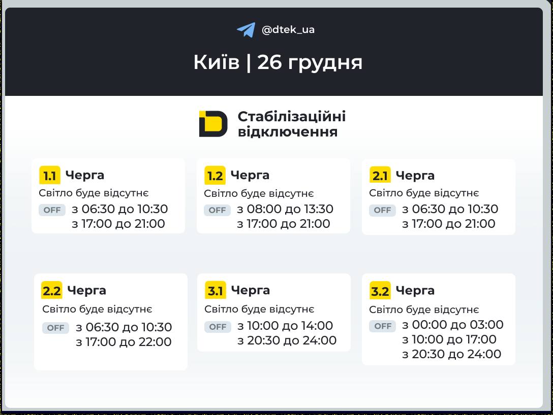 Як вимикатимуть світло у Києві 26 грудня