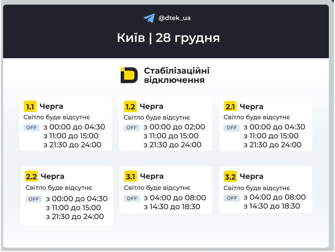 Графіки відключень світла для частини Києва на 28 грудня