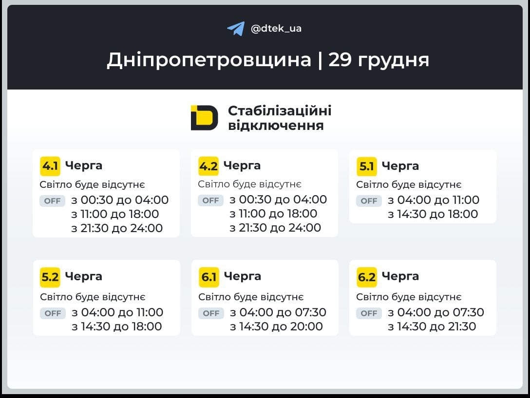 Графіки відключень світла в Дніпропетровській області на 29 грудня