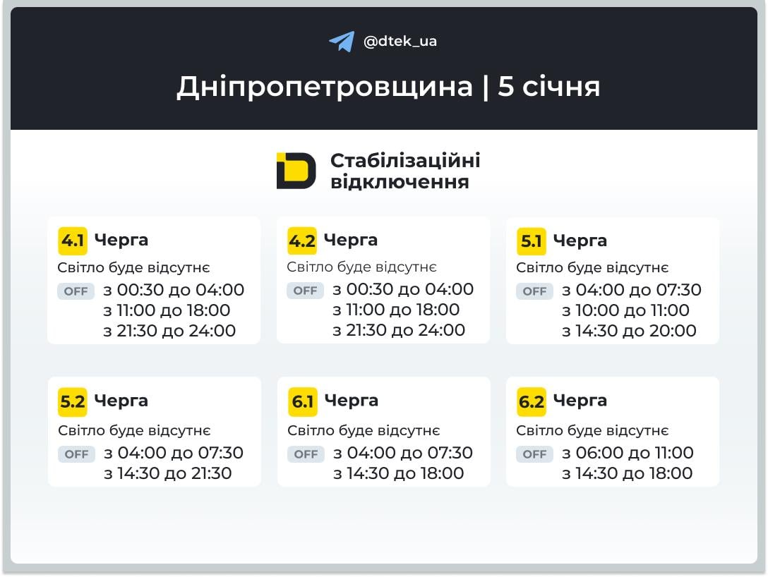 Графіки відключень світла в Дніпропетровській області на 5 січня