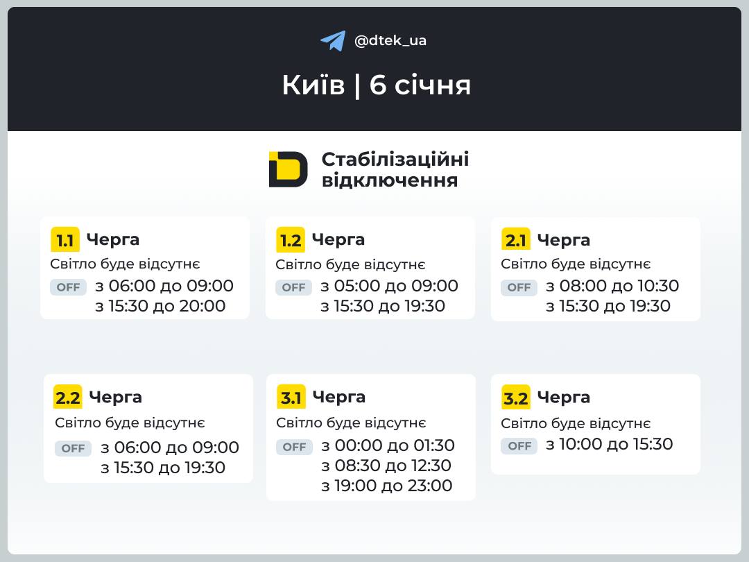 Графіки вимкнення світла в Києві на 6 січня