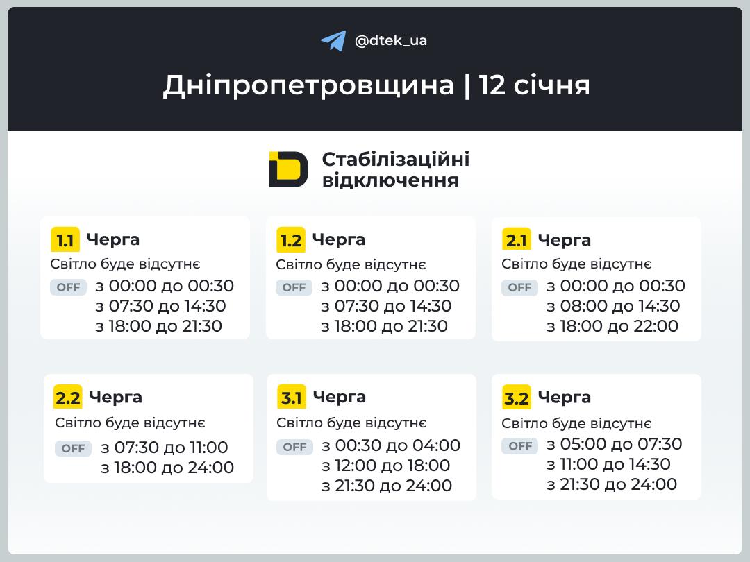 Графіки відключень світла в Дніпропетровській області на 12 січня