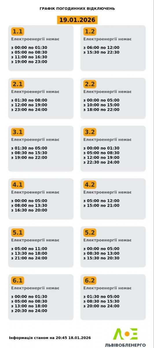 Світло на Львівщині вимикатимуть по 2-4 рази на добу: графіки на 19 січня
