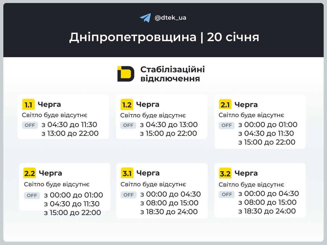 Графики отключений света в Днепропетровской области на 20 января