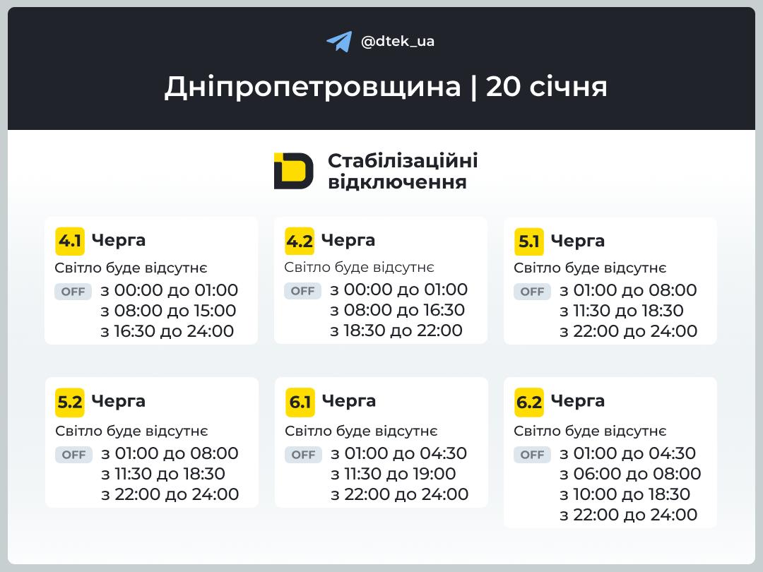 Графики отключений света в Днепропетровской области на 20 января