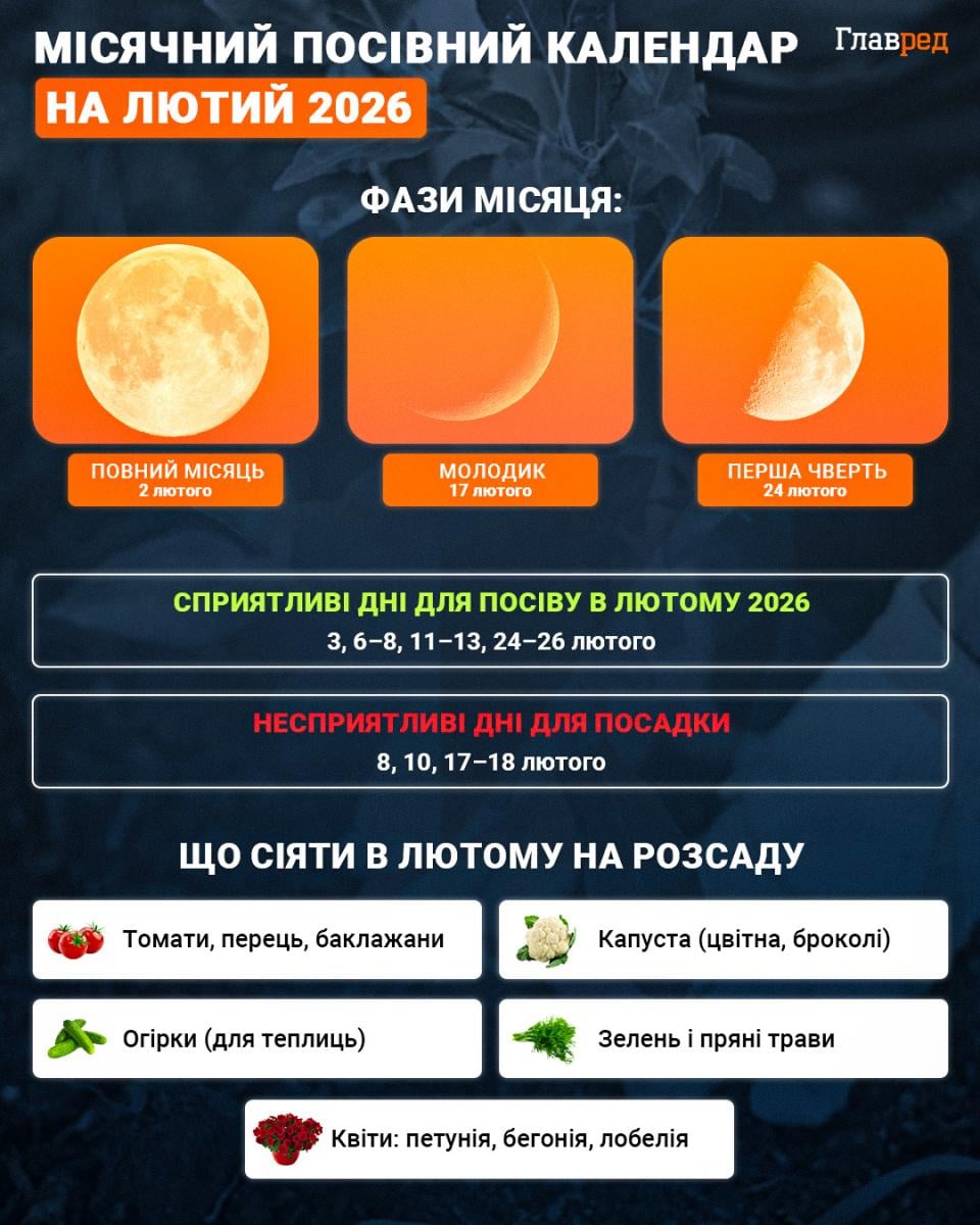 Посівний календар на лютий 2026 Посівний календар на лютий 2026