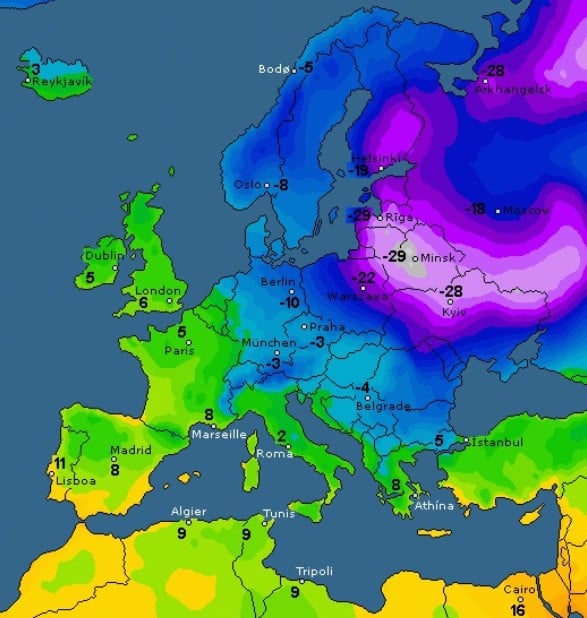 Прогноз нічної температури повітря на 2 лютого