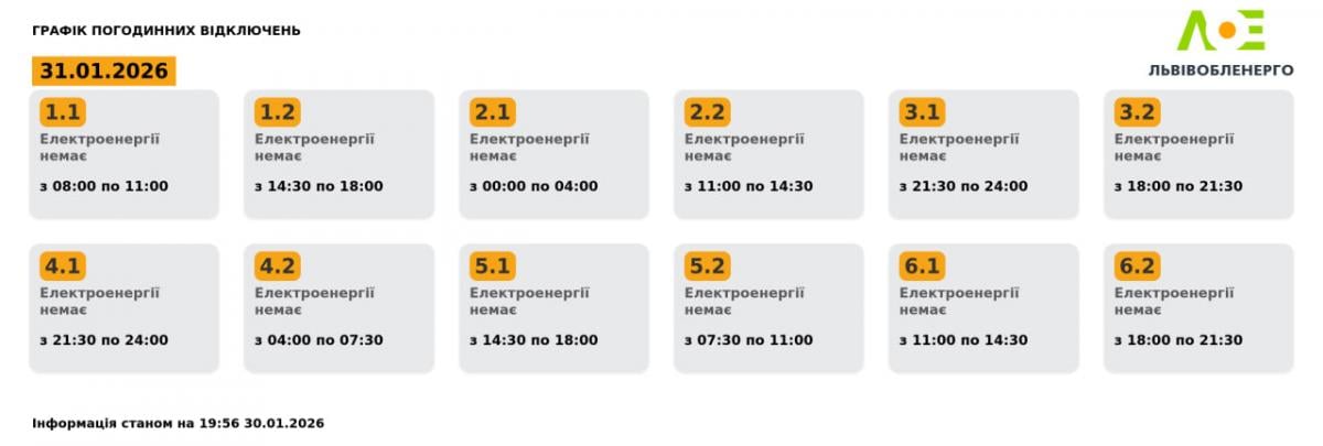Графік відключень на Львівщині на 31 січня