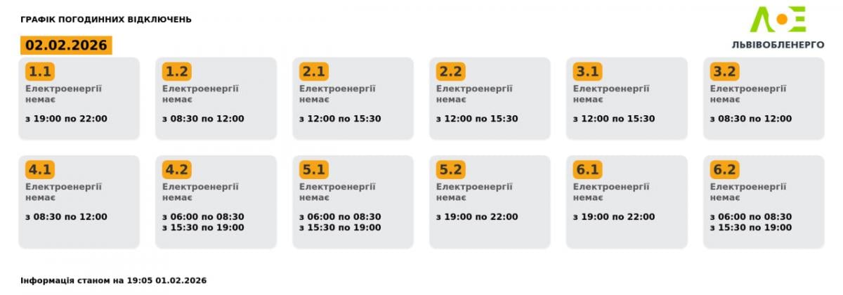 Графік відключень на Львівщині на 2 лютого Графік відключень на Львівщині на 2 лютого