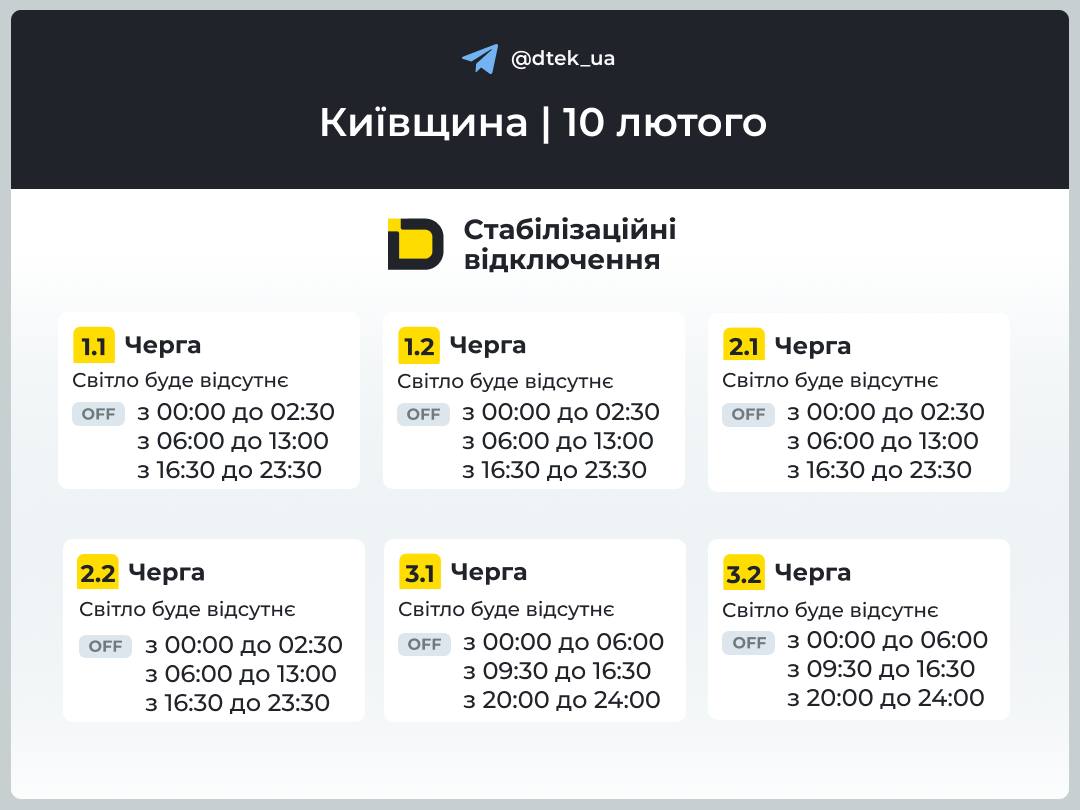 Графіки відключень світла в Дніпропетровській області на 10 лютого