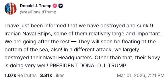 Морской бой: Трамп заявил о массовом уничтожении кораблей в атаке на Иран