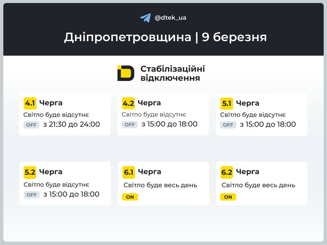 Графики отключений света в Днепропетровской области на 9 марта Графики отключений света в Днепропетровской области на 9 марта