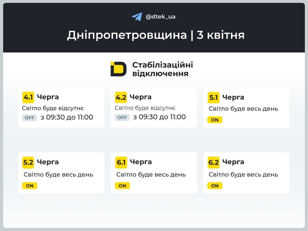 Графіки відключень електроенергії у Дніпропетровській області на 3 квітня