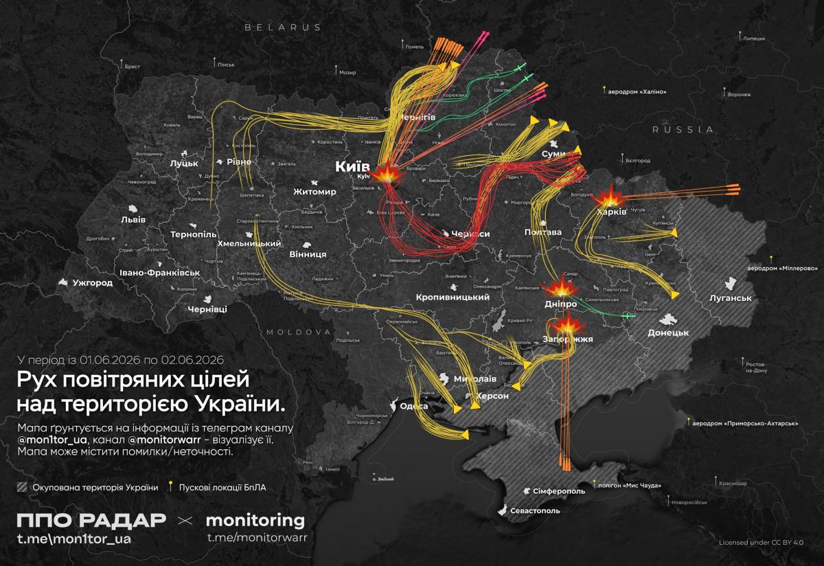 Карта движения ракет и дронов во время атаки 