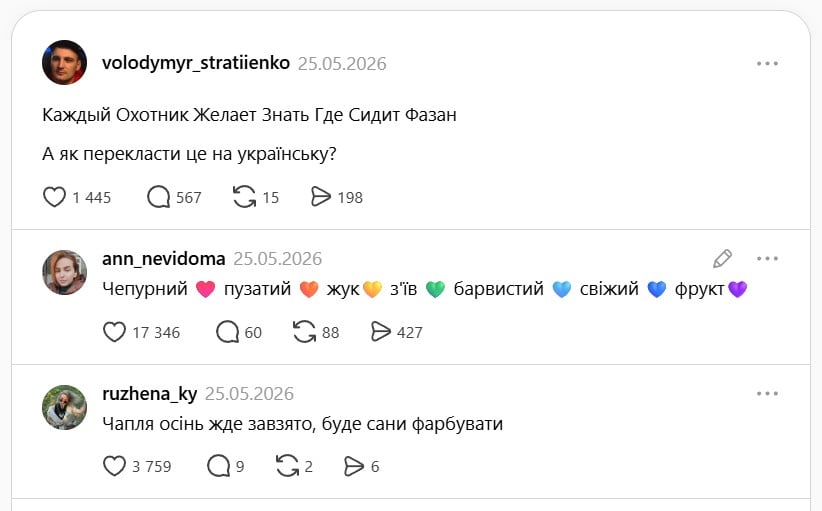 Як сказати українською 'Каждый Охотник Желает Знать Где Сидит Фазан': цікаві варіанти