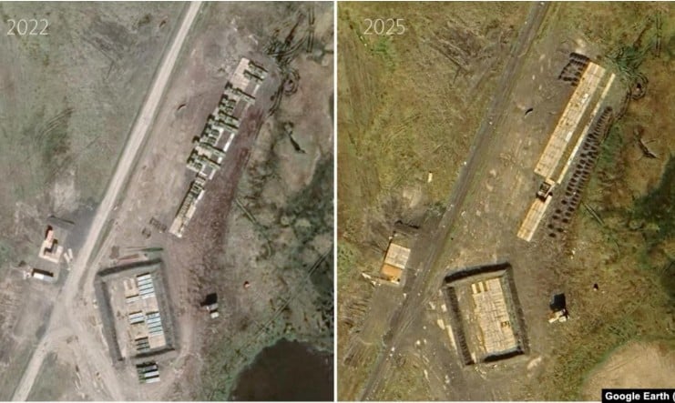 Порівняння кількості транспортних засобів та споруд для зберігання ракет поблизу бази Рогачово, знятих у липні 2022 року та в серпні 2025 року Порівняння кількості транспортних засобів та споруд для зберігання ракет поблизу бази Рогачово, знятих у липні 2022 року та в серпні 2025 року