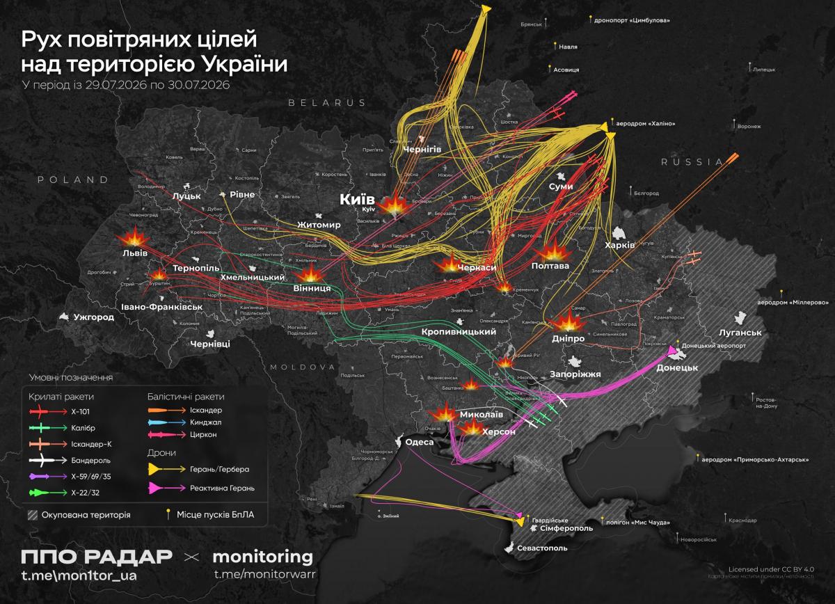 Рух ракет і дронів під час атаки 30 липня 2026 року