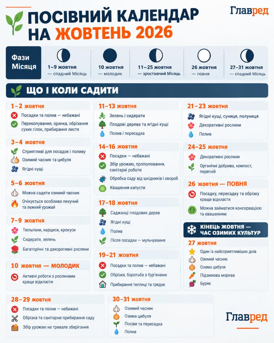 Посівний календар на жовтень 2026 Посівний календар на жовтень 2026