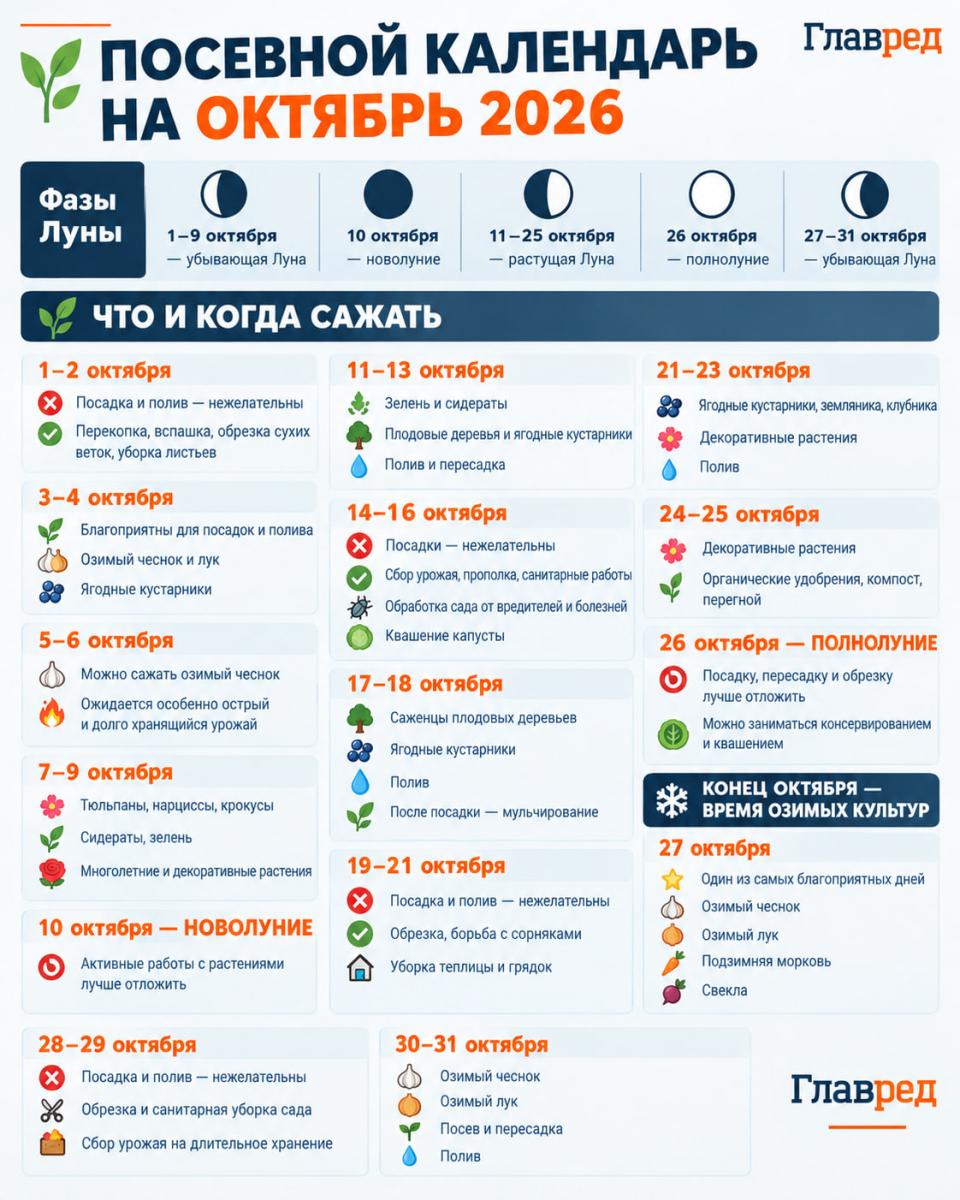 Посевной календарь на октябрь 2026