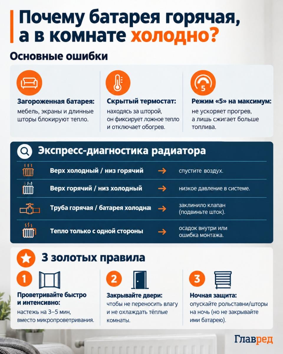 Почему батарея горячая, а в комнате холодно